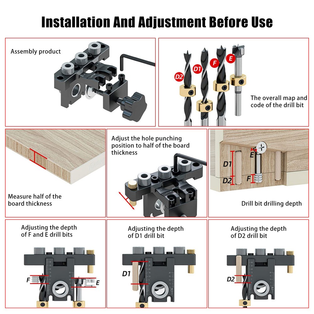 3 in 1 Dowel Jig Drill Kit Self Centering Doweling Jig Adjustable Drilling Width