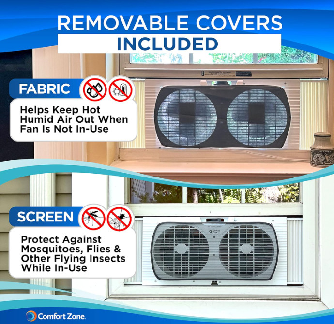 Comfort Zone 9" Twin Window Fan, Reversible Airflow, 2 Speed, Auto-Locking