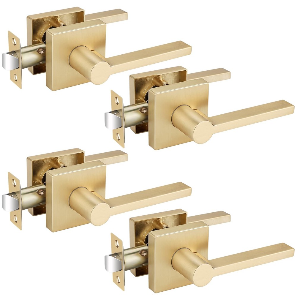 EHOMEWARE 4 Pack Passage Door Knobs, Satin Lever, Brass