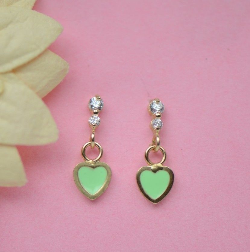 14K Solid Yellow Gold Enamel Heart Shape Dangle Stud Earring