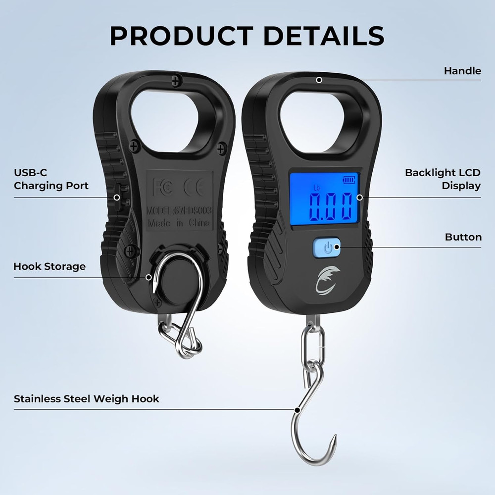 Lightweight Fish Scale, Rechargeable Digital Scale with USB Cable, 55Lb Capacity