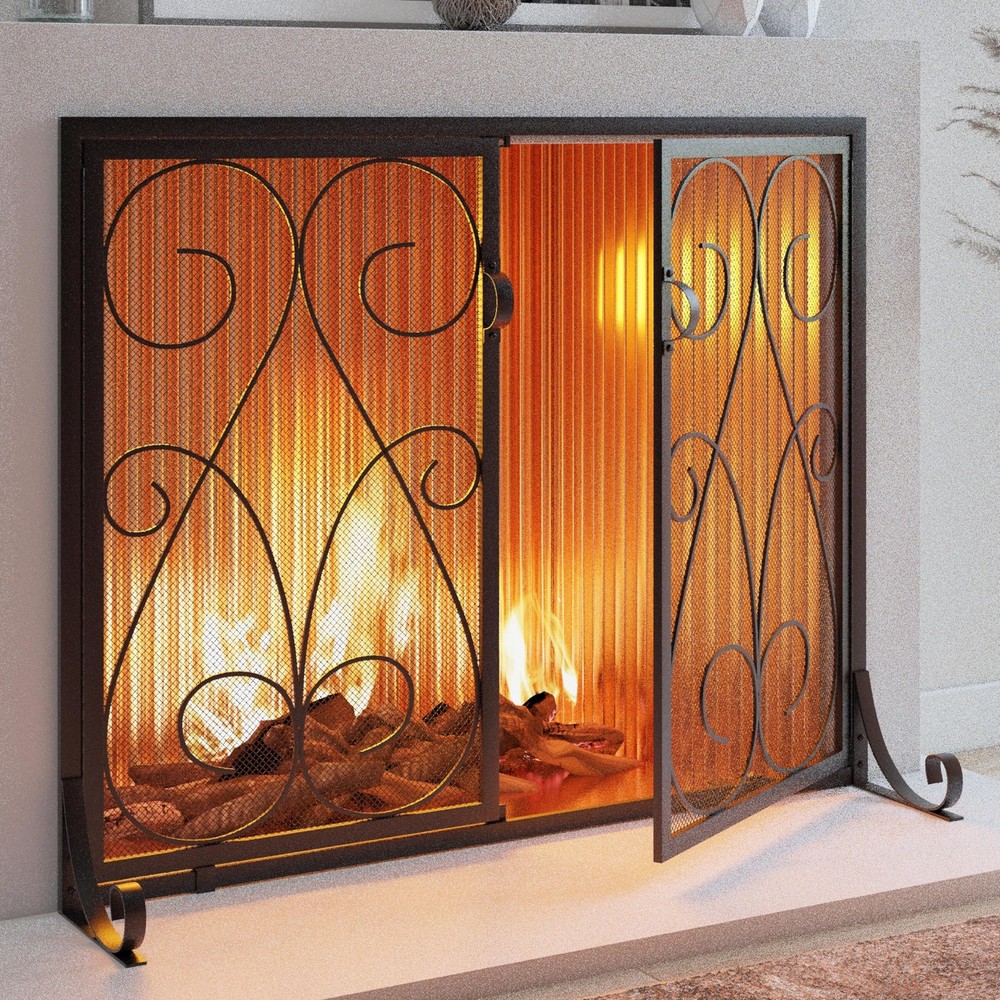2-Panel Fireplace Screen with Doors Handcrafted Wrought Iron Decorative Mesh,...