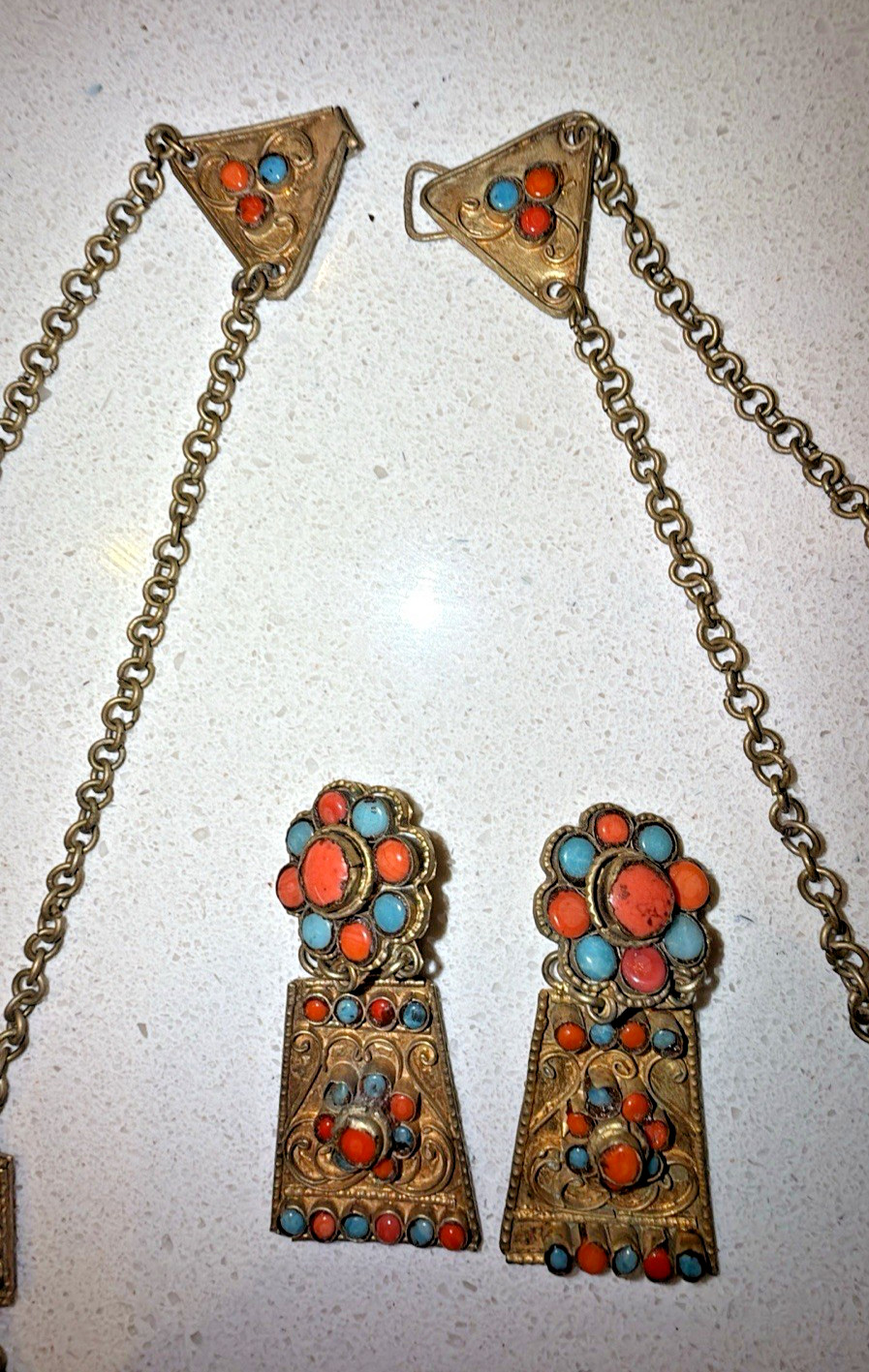 Coral & Turquoise Nepal Brass Tibetan Jewelry 3 piece Set ANTIQUE