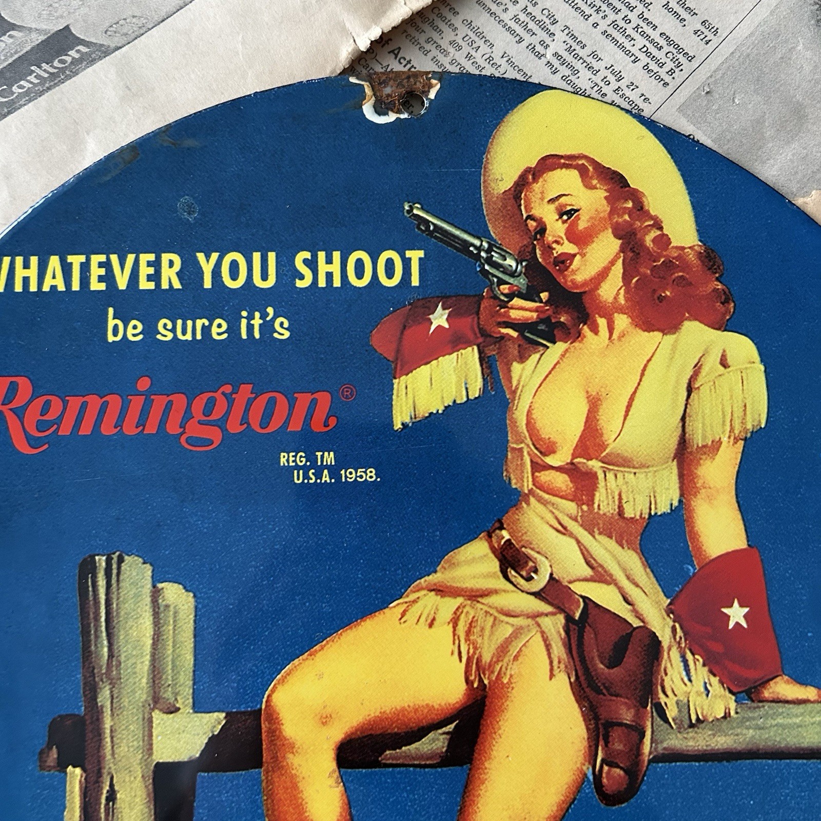 VINTAGE 1958 REMINGTON FIREARMS HUNTING 12 INCH PORCELAIN ENAMEL SIGN