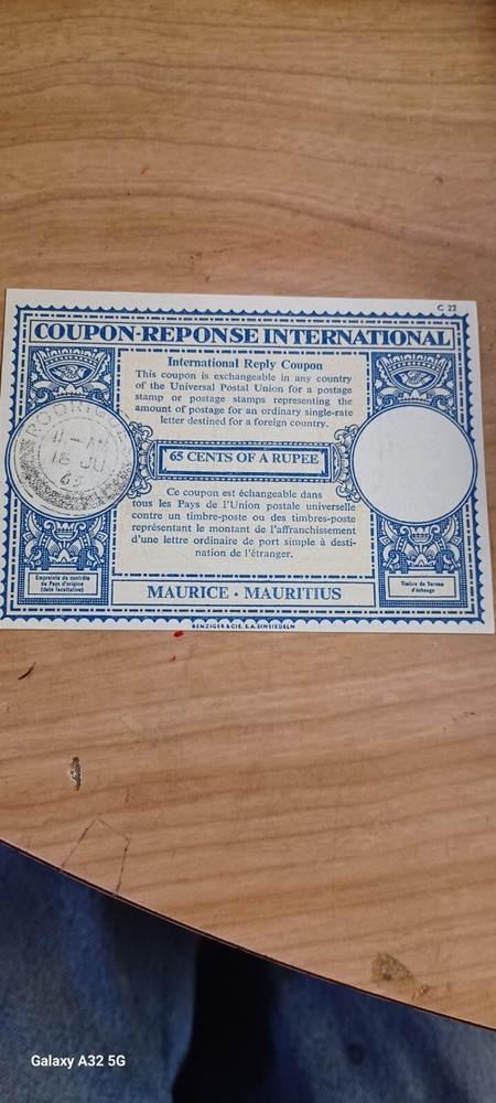International Reply Coupon Mauritius 1963 different text at back