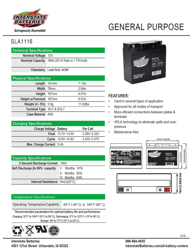 Interstate Battery - SLA1116 - 12 volt 18 amp - OEM Equivalent