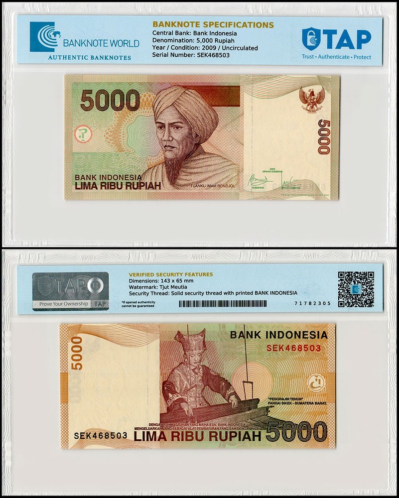 Indonesia 5000 Rupiah, 2009, P-142i, UNC, TAP Authenticated