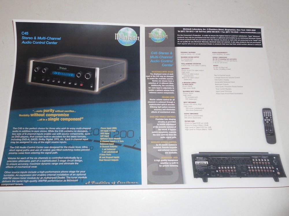 McIntosh 2003 C45 Brochure Solid State Preamp 2 pg, Specs/Info/Article