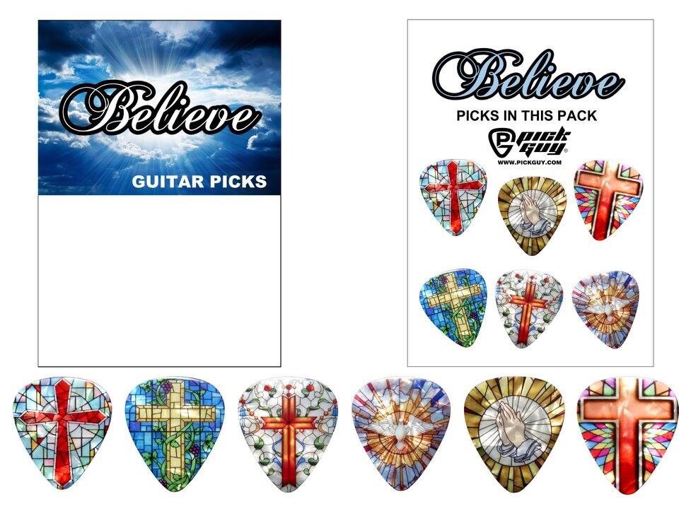 "BELIEVE" Guitar Pick Pack, 6 Picks .71mm Medium, Clamshell, Religious pics pic