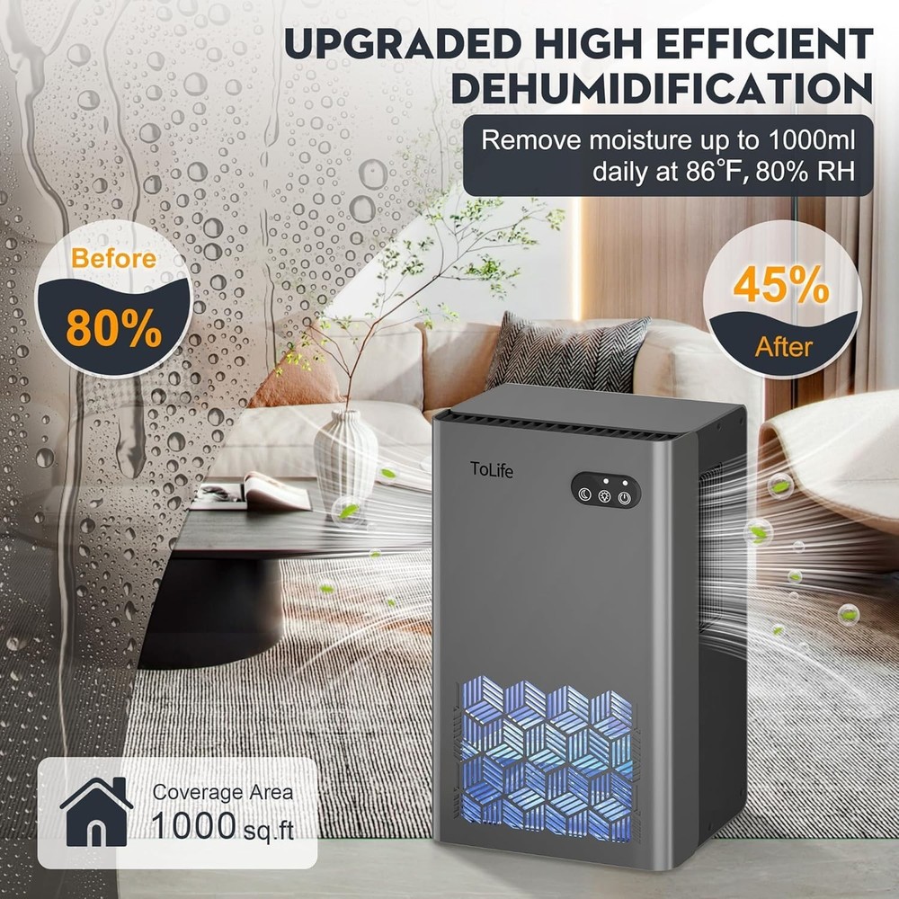 Versatile Dehumidifier for Home: 1000 sq.ft Coverage with Auto Shutoff Feature
