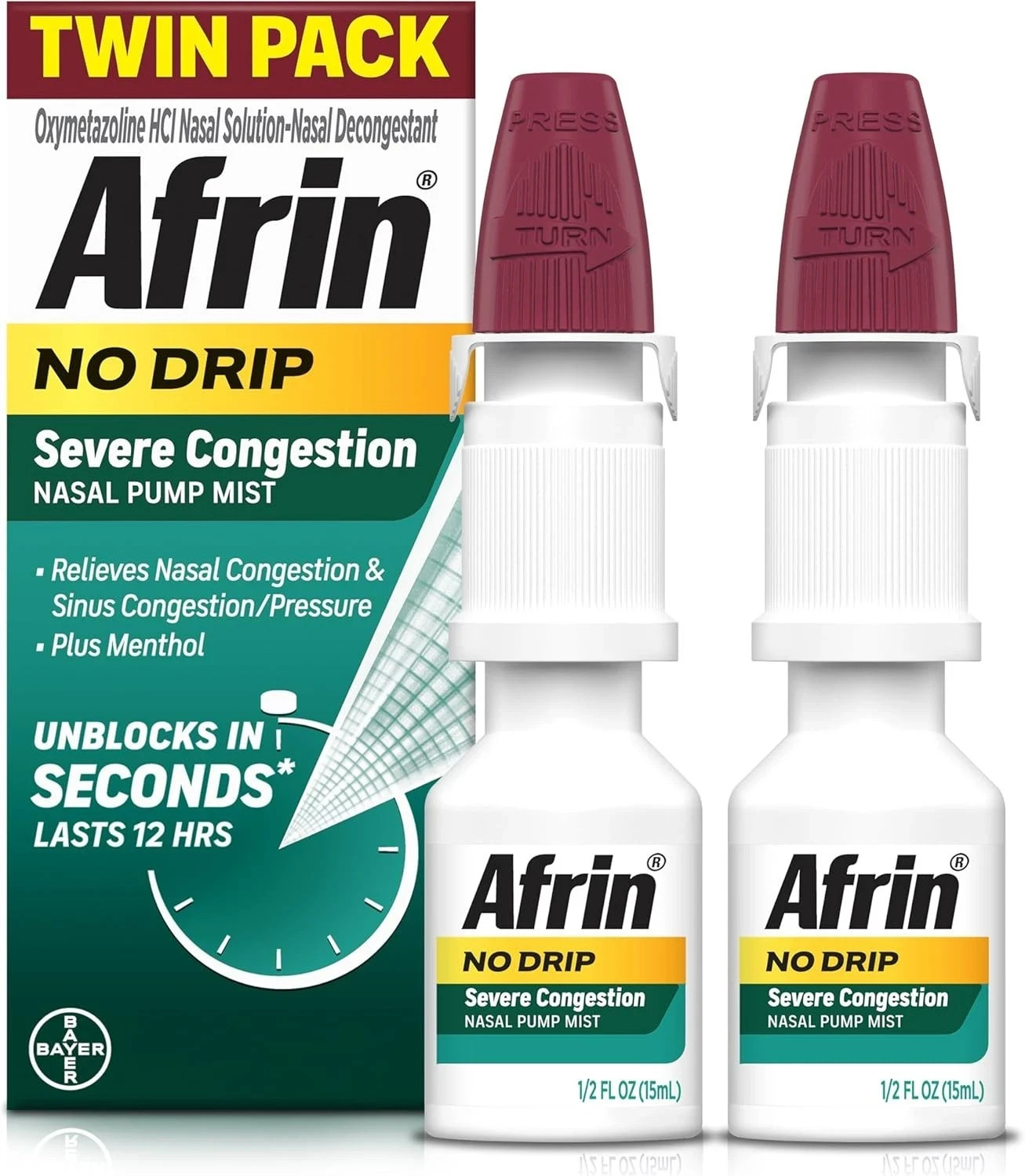 Twin Pack Afrin No Drip Severe Congestion Pump Mist 0.5oz.Each Exp. 10/2026+
