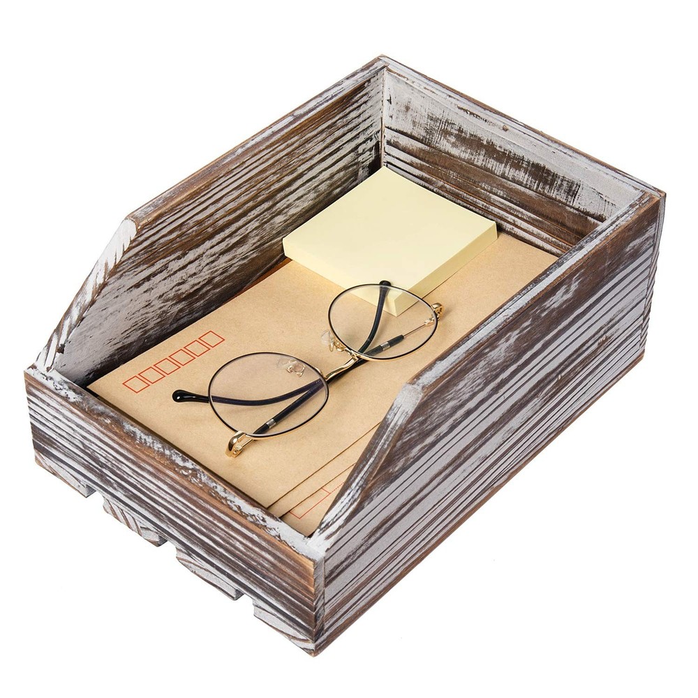 Torched Wood Paper Nesting Tray Stackable Document Storage Crate File Organiz...