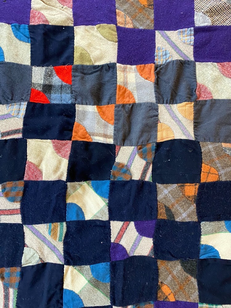 1920s Wool Quilt Drunkard’s Path Variation Antique Patchwork Blanket Heavy 80x65
