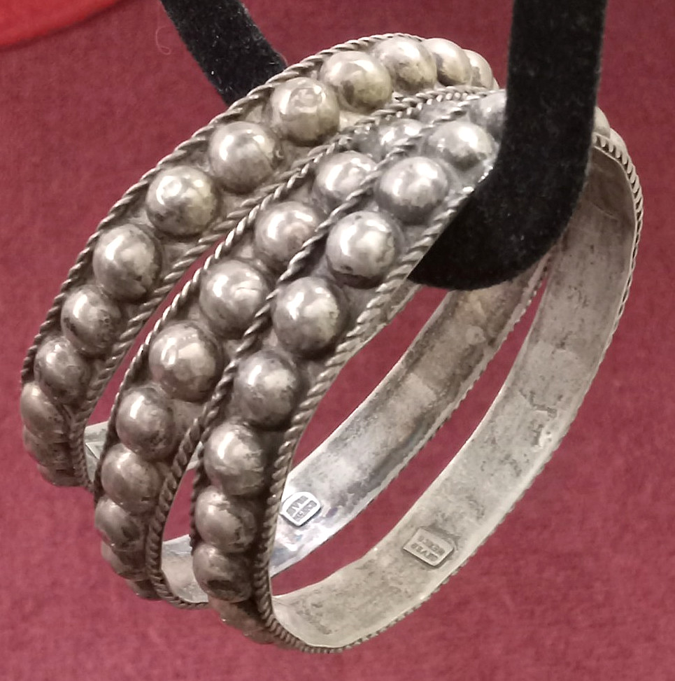 *LOT 3 ANTIQUE VINTAGE STERLING SILVER DOME BANGLE BRACELETS HANDMADE MEXICO 57g