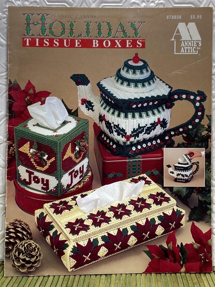 Vintage Annie's Attic Plastic Canvas Patterns Holiday Tissue Boxes 6 Patterns