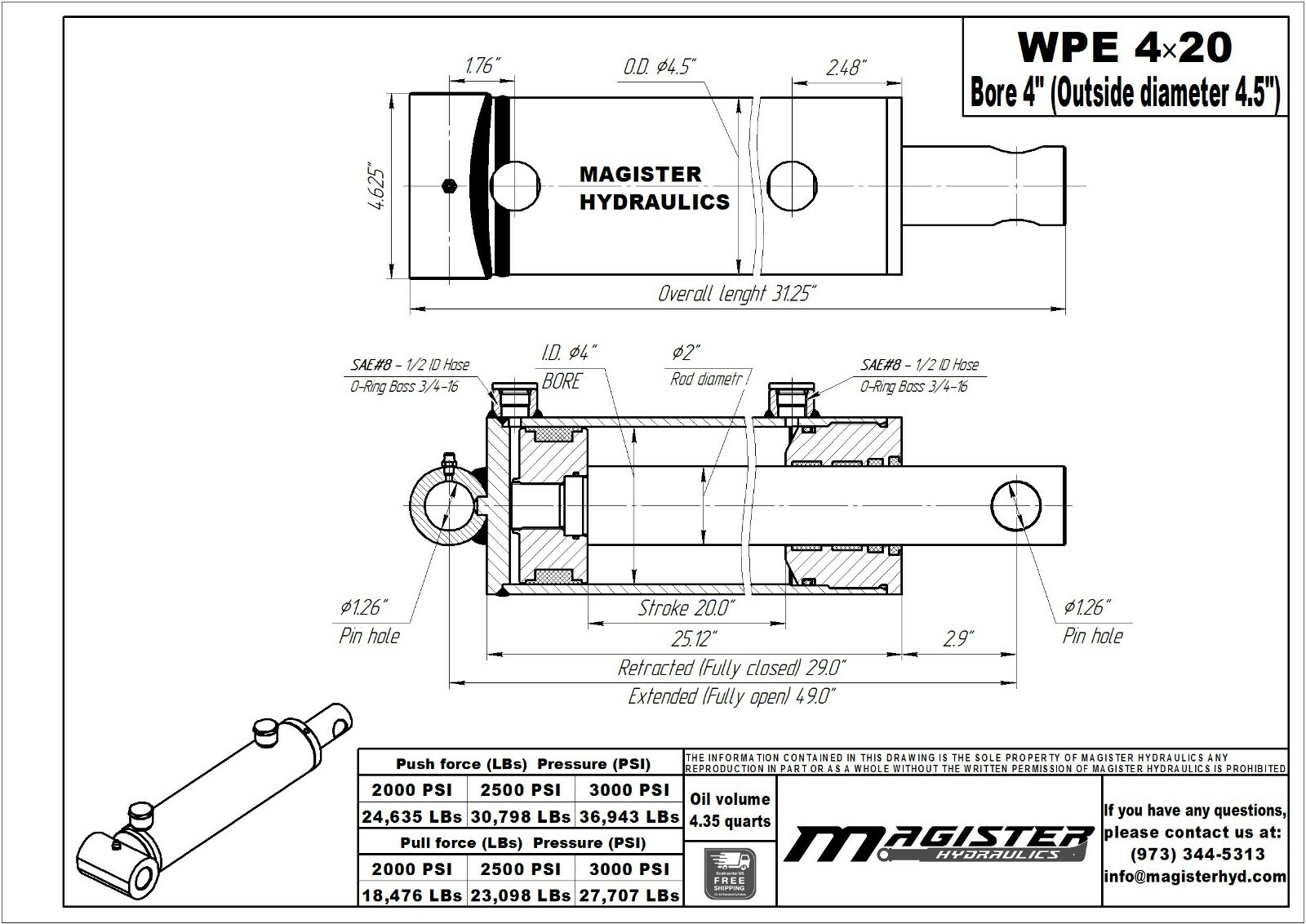 Hydraulic Cylinder Welded Double Acting 4" Bore 20" Stroke PinEye End 4x20 NEW