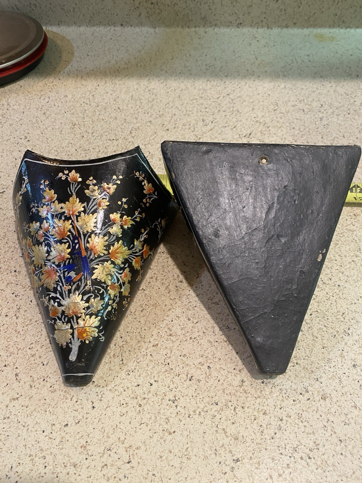 Set Of VINTAGE ASIAN CHINOESERIE BLACK LACQUER WALL POCKETS Orange Florals Birds