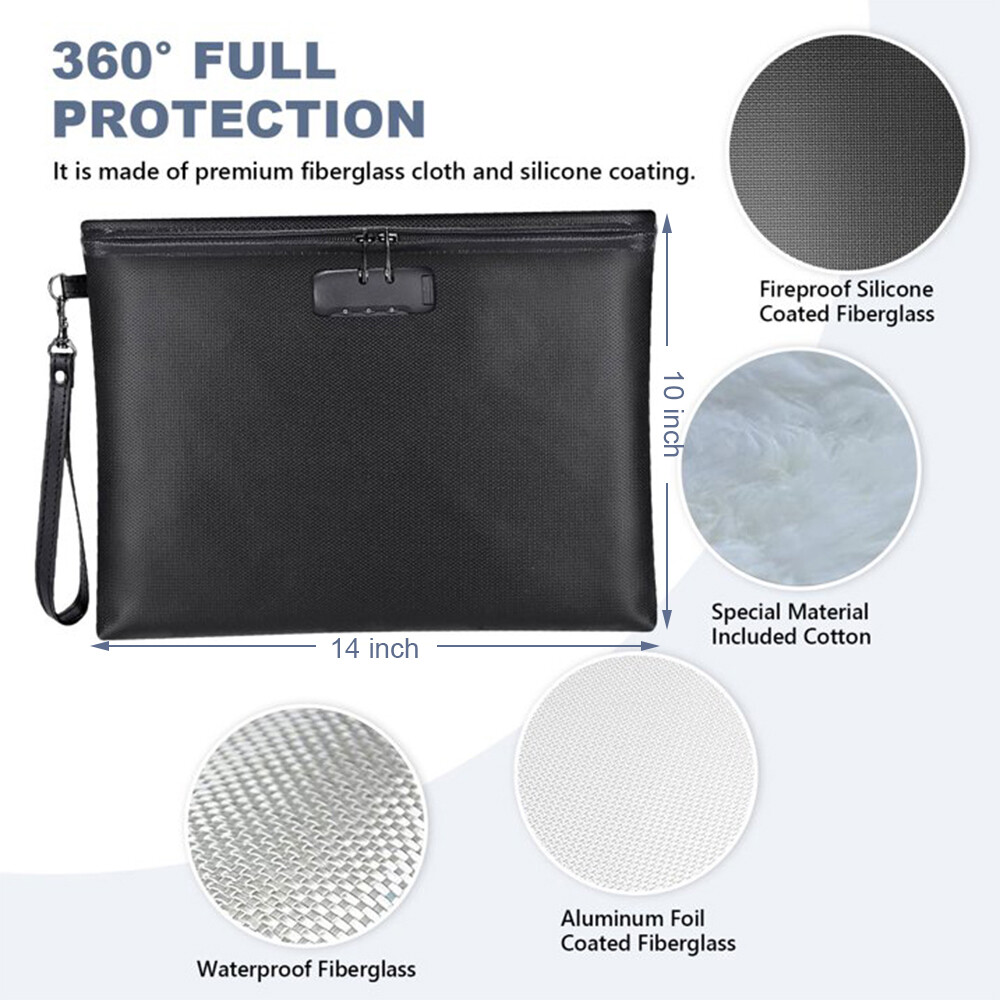 Fireproof Document Bag with Lock Waterproof Storage Organizer Pouch fr File Cash