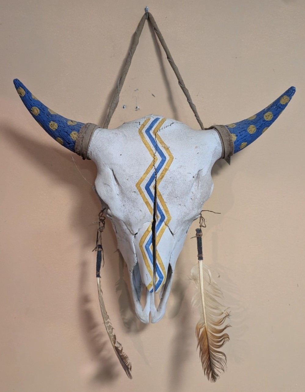 Native Hand Painted Buffalo Skull Blue And Yellow, Thunderbolts, Hung By Hyde