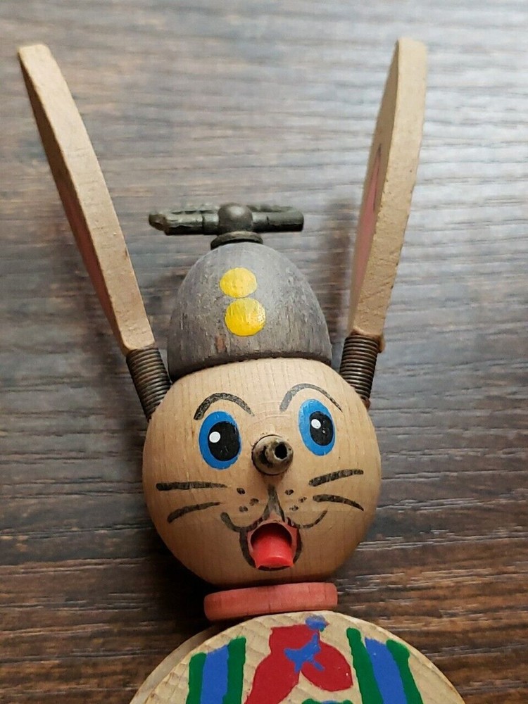 Vintage Jumping Jack Toy Wooden Bunny Rabbit Easter Pull String Austria Painted