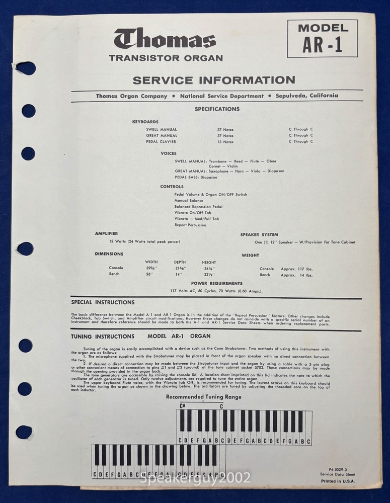 Original Thomas Organ Service Manual / AR-1