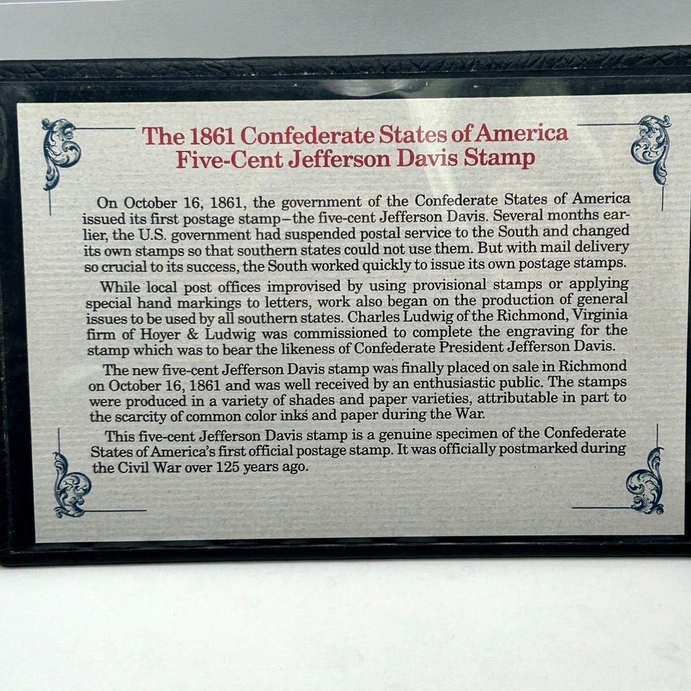 1861 Five Cent Jefferson Davis Stamp from Postal Commemorative Society Green