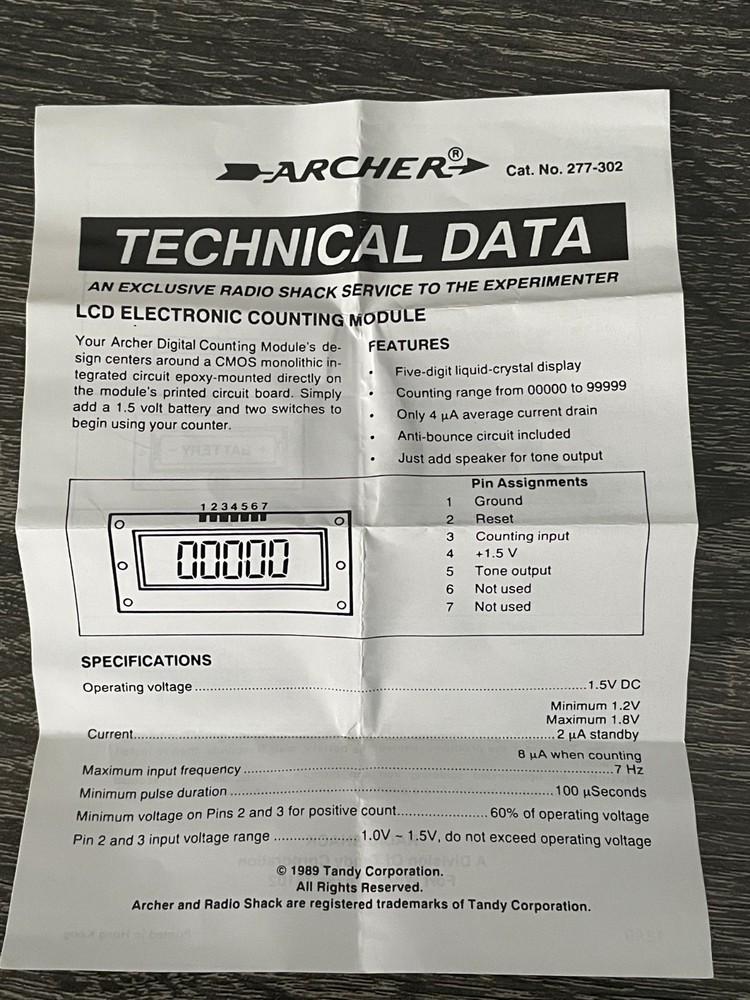 Archer (Radio Shack) LCD Electronic Counting Module #277-302