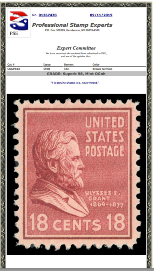 #823 MNH PSE Graded 98, Cert # 01367478