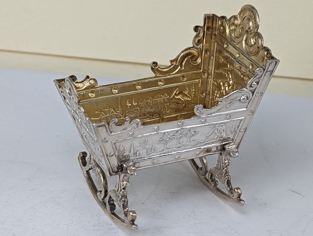 1899 Victorian baby’s Solid silver miniature cradle with gold guilded interior