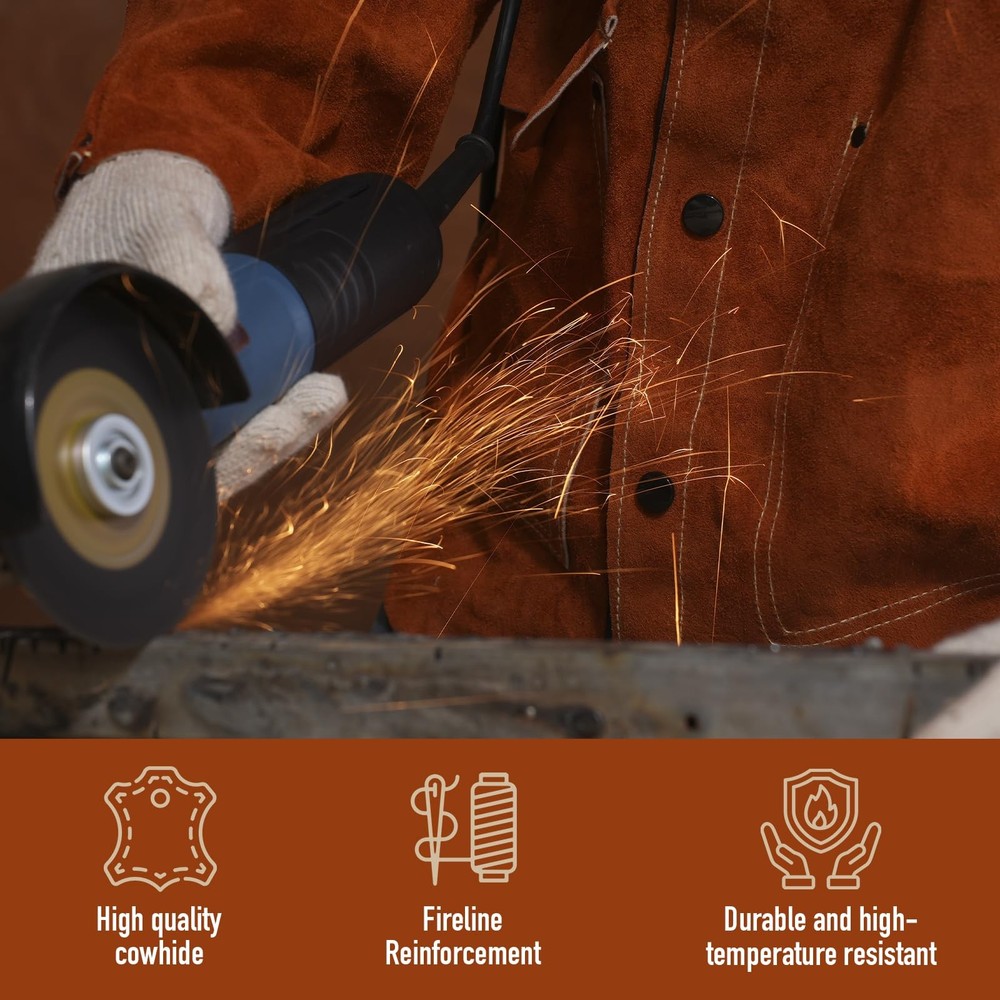 Leather Welding Work Jacket by QeeLink - Flame-Resistant Heavy Duty Split
