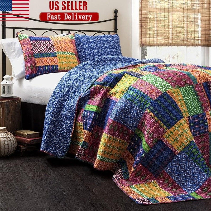Reversible Cotton King Quilt Set Soft Modern Bedding Patchwork Diamond Design US