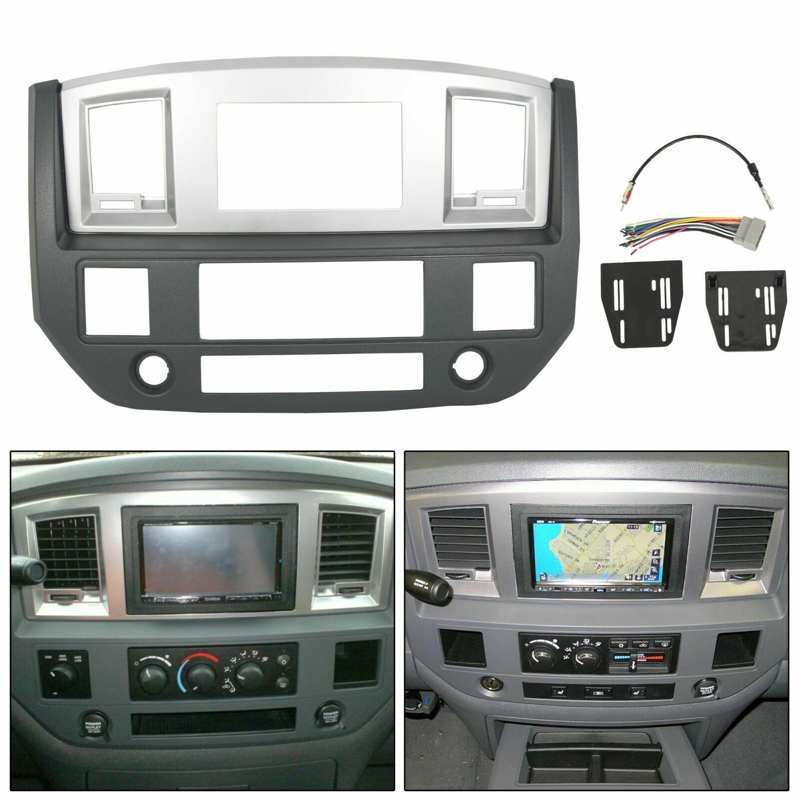 Radio Double Din Dash Install Bezel Kit Silver Slate Grey Fits 2006-09 Dodge Ram