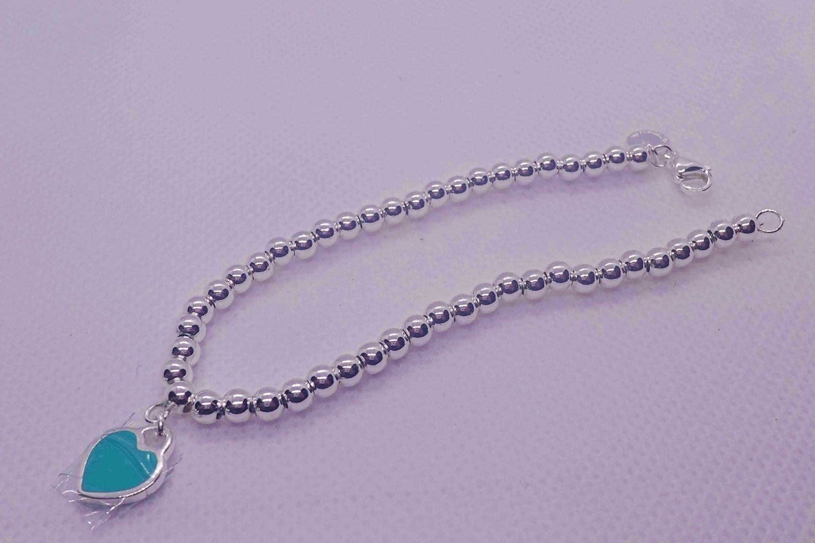 NewTliffany&Co*Bule&Enamel Heart Tag&Bead*Bracelet 7.5"