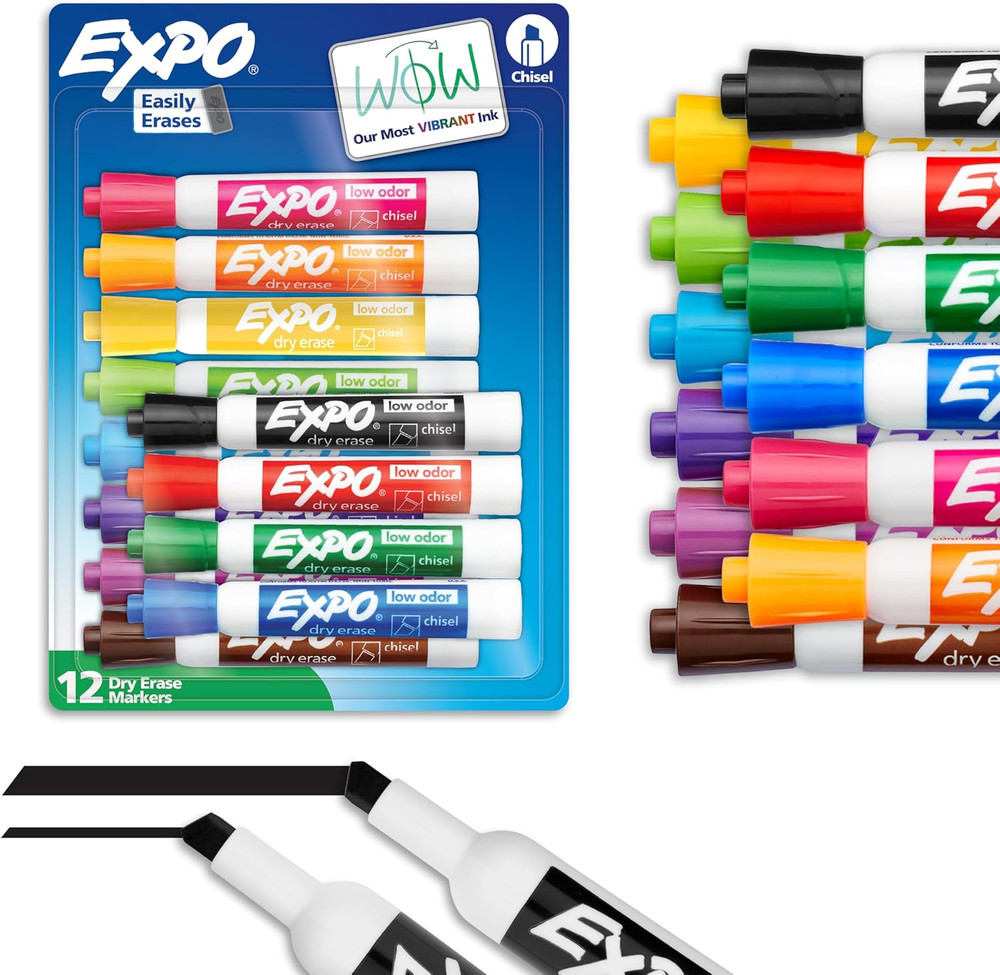 EXPO Dry Erase Markers, Low Odor Ink, Assorted Colors, Chisel Tip, 12 Count - Ea