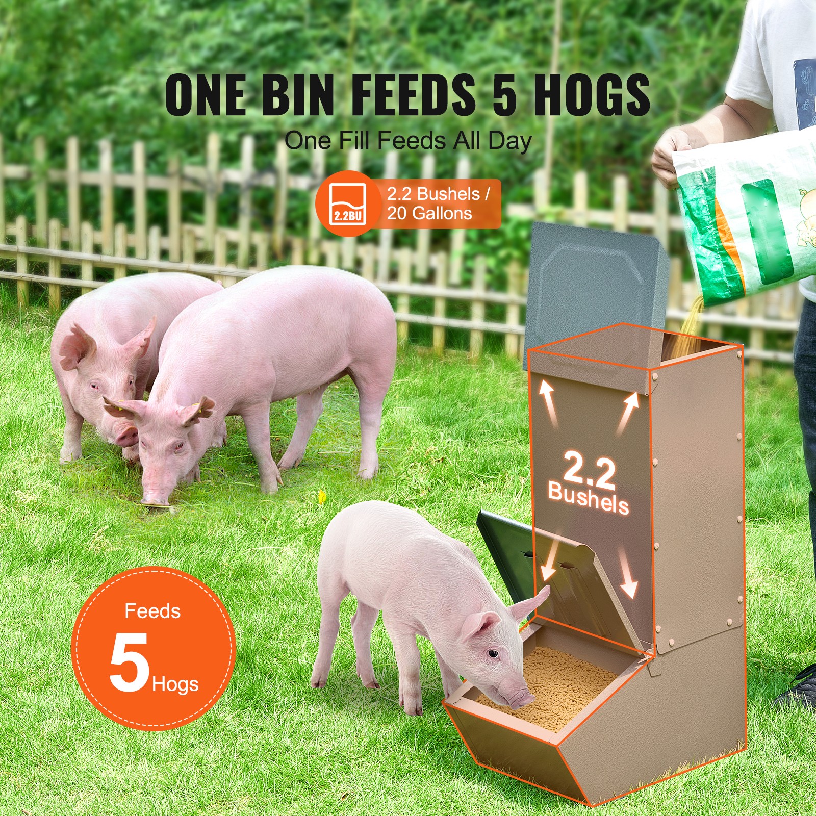 Hog Feeder 2.2 Bushel Metal Double Door Pig Feeder Feeding up to 5 Hogs