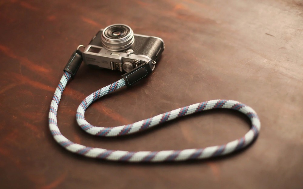 Windmup Blue Pattern Rope Camera Strap – Handmade Climbing Rope & Black Leather