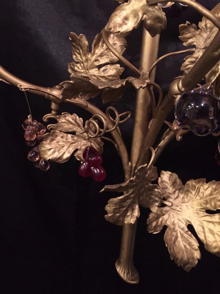 FRENCH ANTIQUE SOLID BRASS GRAPE LEAVE SCONCE WITH MULTI COLOR FRUIT CRYSTALS