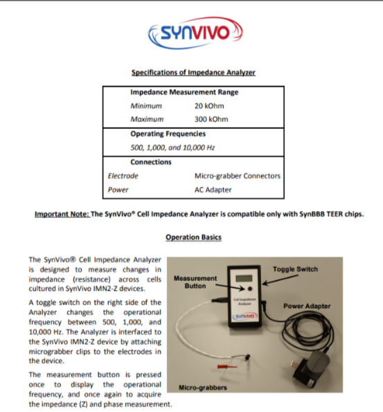 SynVivo Cell Impedance Analyzer Catalog # 304001