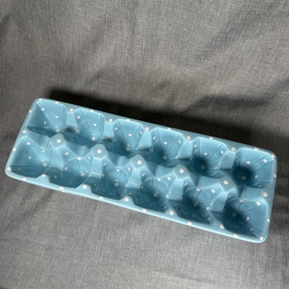 Ceramic Egg Dozen Holder Decor Light Blue White Polka Dot Cottagecore Easter