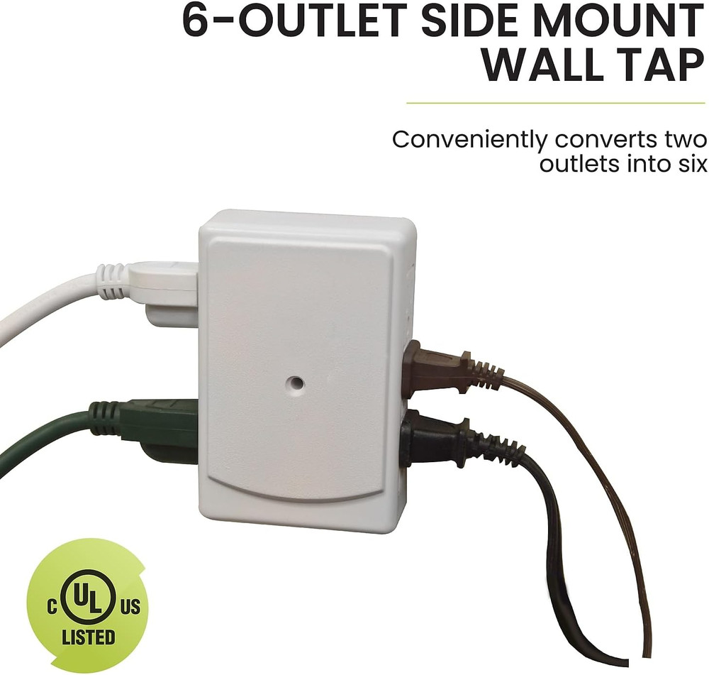6-Outlet Side Mount Wall Tap Adapter, White - Unique Space-Saving Design, Heavy