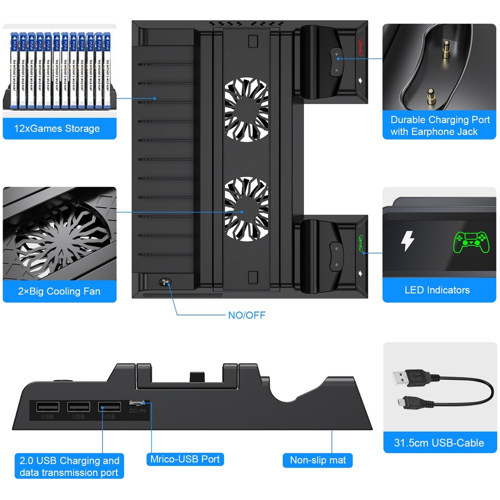 Vertical Stand For PS4/Pro/Slim Controller Cooling Fan Dual Charging DockStation
