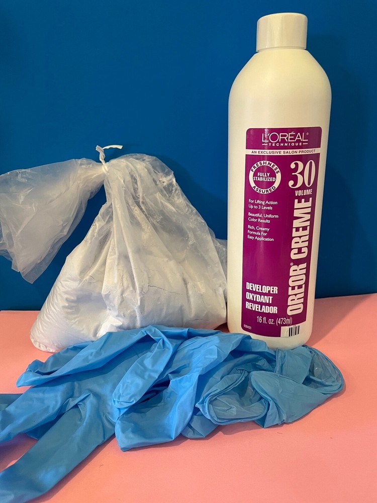 L'oreal Quick Blue Powder Bleach 16oz + Creme Developer 16oz + Gloves Choose