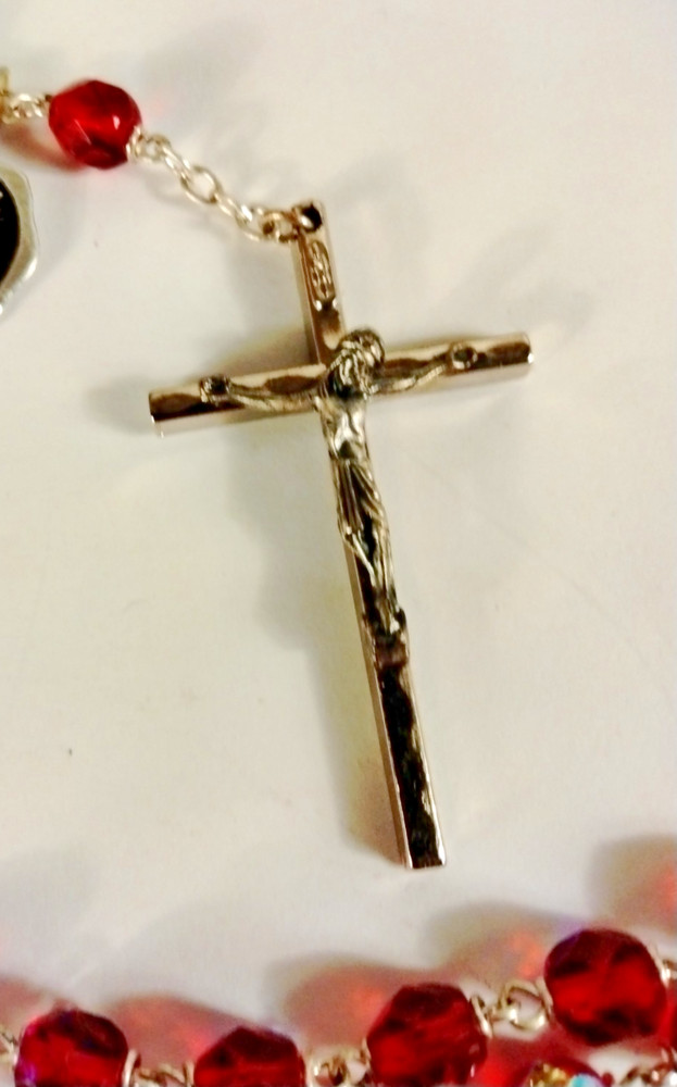 Vintage Ruby Red Crystal Rosary Aurora Borealis Beads ITALY NOS