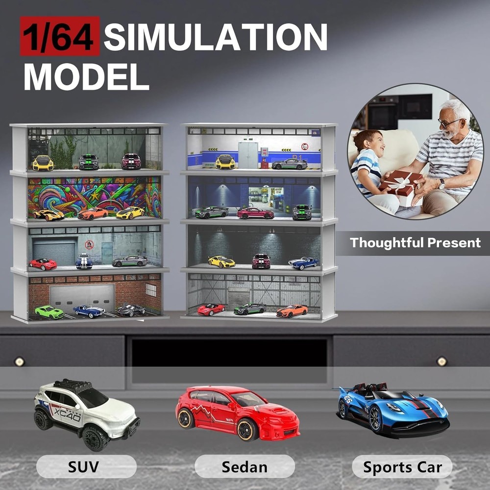 1/64 Scale Diecast Display Case for Hot Wheel Storage with LED Lights, Stacka...