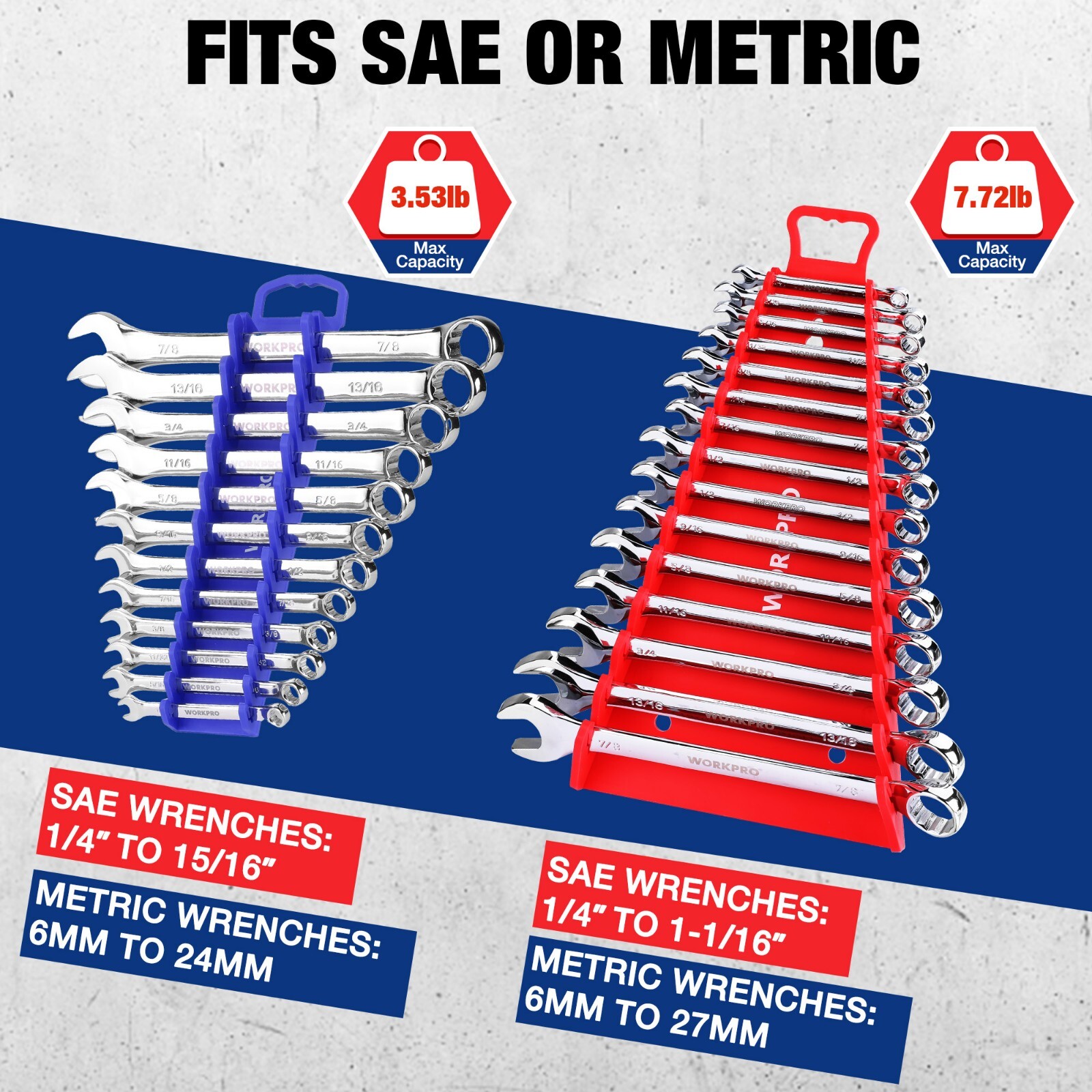 WORKPRO 4-PACK Magnetic Wrench Organizer 15-Slot 12-Slot Gripper Wrench Holder