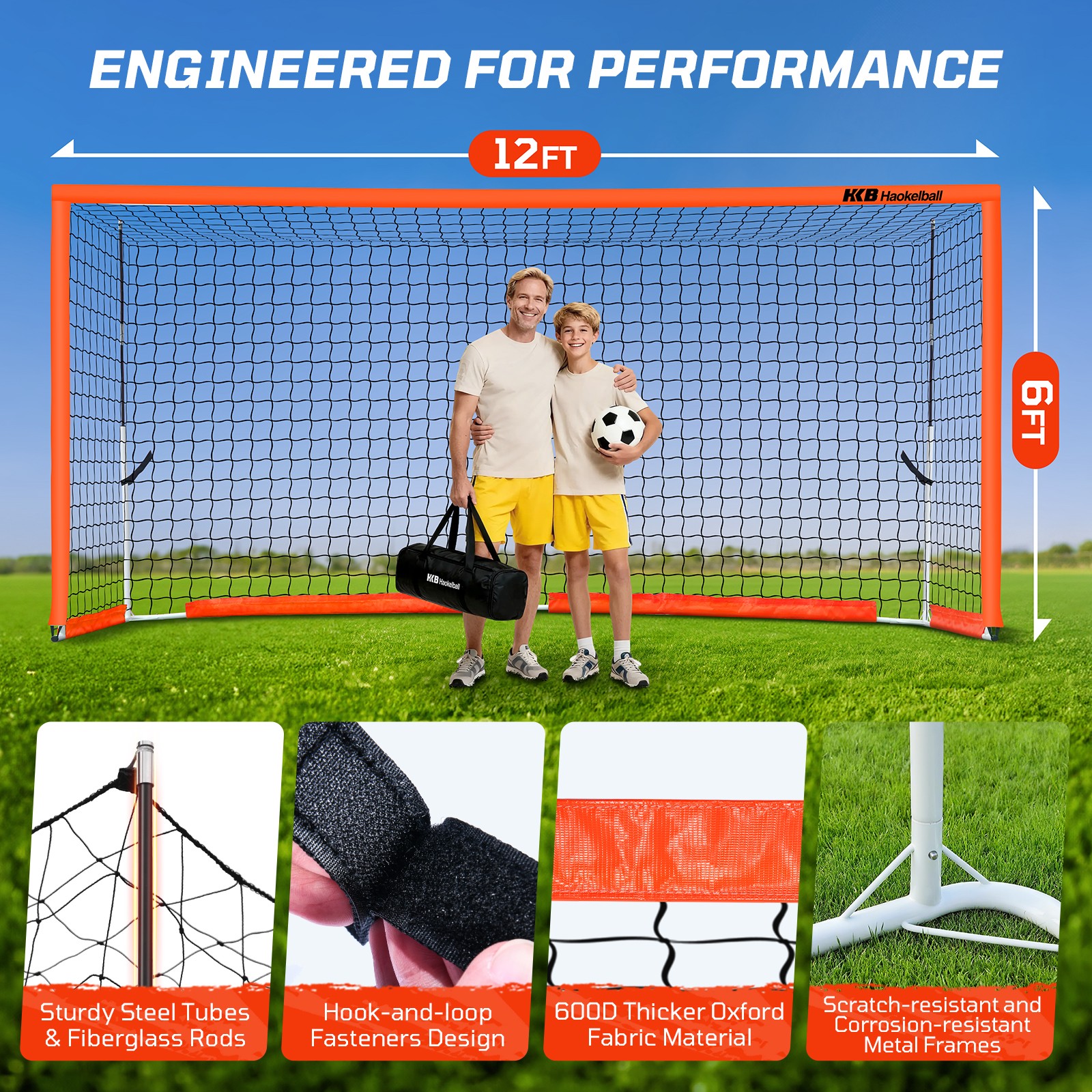 Portable Soccer Net 12x6ft Soccer Goal for Backyard Steel Frame with Net, Ladder