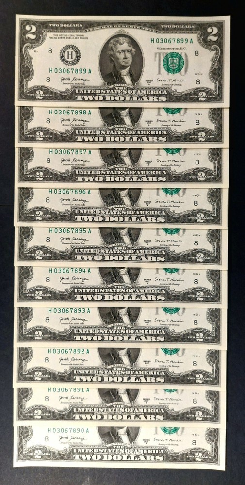 10 sequenced order 2017 $2 Bills - Uncirculated authentic 4 digit Ladder - Mint