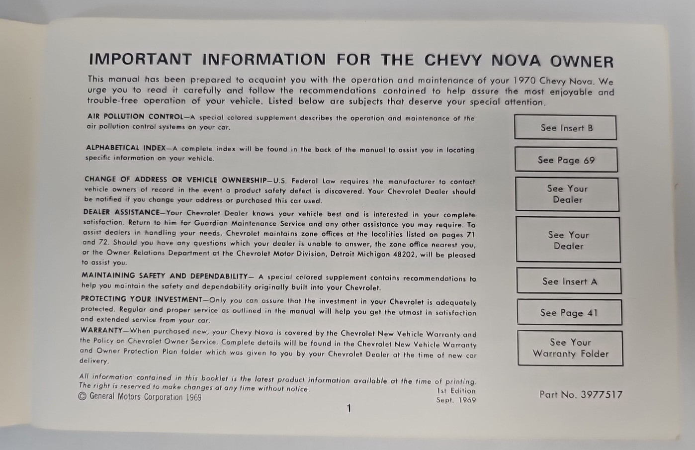 1970 Chevrolet Nova Owner's Manual FIRST EDITION 9/1969 GENERAL MOTORS RARE HTF
