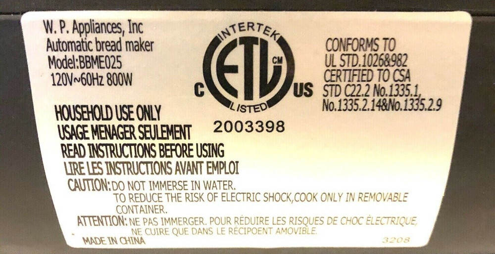 3-pin Power Inlet for Wolfgang Puck Bread Maker Model BBME025 WPBME025