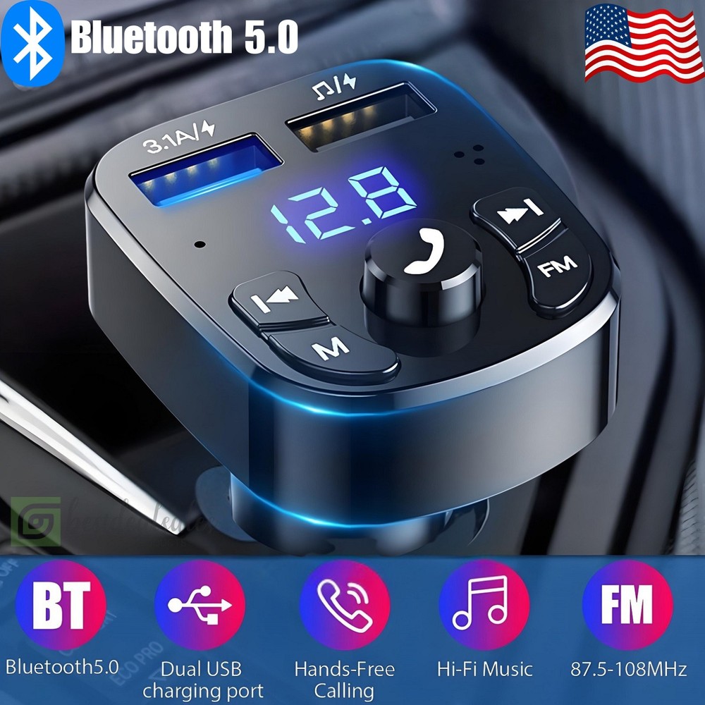 2USB PD Charger Car Wireless FM Transmitter Adapter AUX Hands-Free Bluetooth 5.0